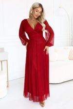 683-3 Tulle maxi dress with glitter and a wrap neckline - light burgundy-3