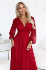 683-3 Tulle maxi dress with glitter and a wrap neckline - light burgundy-2