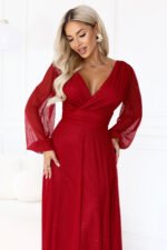 683-3 Tulle maxi dress with glitter and a wrap neckline - light burgundy-6