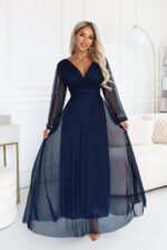 683-4 Tulle maxi dress with glitter and a wrap neckline - navy blue-9