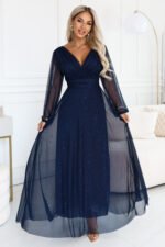 683-4 Tulle maxi dress with glitter and a wrap neckline - navy blue-3
