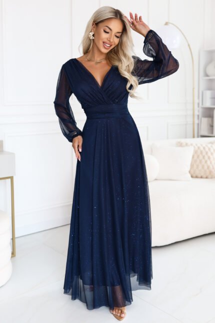 683-4 Tulle maxi dress with glitter and a wrap neckline - navy blue-1