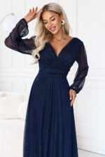 683-4 Tulle maxi dress with glitter and a wrap neckline - navy blue-5