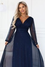 683-4 Tulle maxi dress with glitter and a wrap neckline - navy blue-6