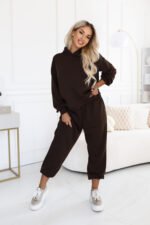 690-1 Women's tracksuit set with a hooded sweatshirt and loose pants - chocolate brown-9