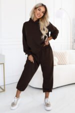 690-1 Women's tracksuit set with a hooded sweatshirt and loose pants - chocolate brown-1