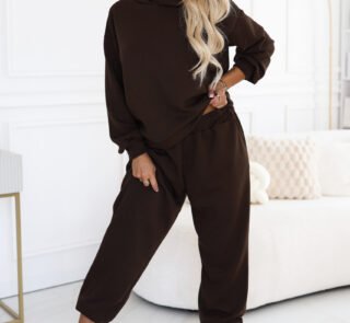 690-1 Women's tracksuit set with a hooded sweatshirt and loose pants - chocolate brown-1