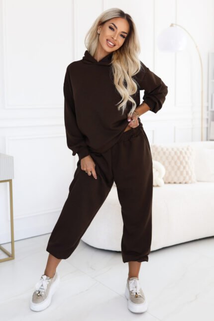 690-1 Women's tracksuit set with a hooded sweatshirt and loose pants - chocolate brown-1