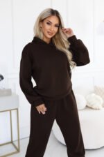 690-1 Women's tracksuit set with a hooded sweatshirt and loose pants - chocolate brown-2