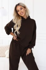 690-1 Women's tracksuit set with a hooded sweatshirt and loose pants - chocolate brown-5