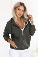 691-4 Women's zip-up hooded sweatshirt with a decorative zipper - khaki-1
