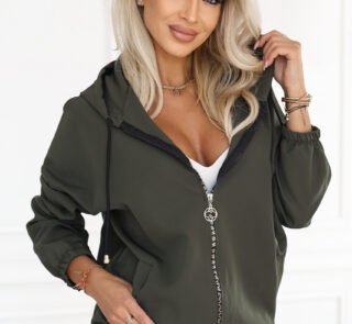 691-4 Women's zip-up hooded sweatshirt with a decorative zipper - khaki-1