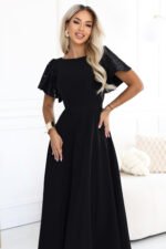 694-1 MIRELLA Elegant flared maxi dress with sequin sleeves - black-8