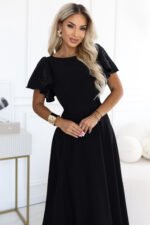 694-1 MIRELLA Elegant flared maxi dress with sequin sleeves - black-2