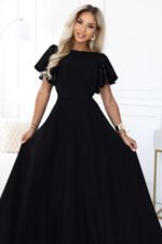 694-1 MIRELLA Elegant flared maxi dress with sequin sleeves - black-6