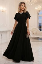694-1 MIRELLA Elegant flared maxi dress with sequin sleeves - black-1