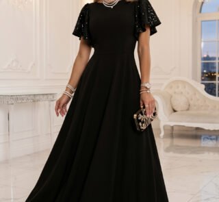 694-1 MIRELLA Elegant flared maxi dress with sequin sleeves - black-1