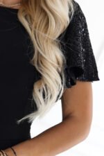 694-1 MIRELLA Elegant flared maxi dress with sequin sleeves - black-9