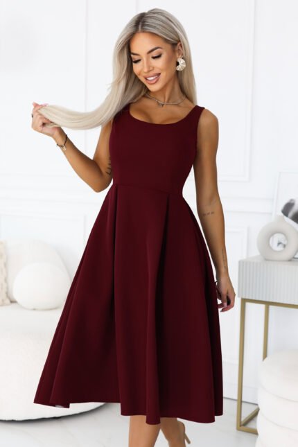 695-1 ALVA Flared midi dress with wide straps - burgundy-1