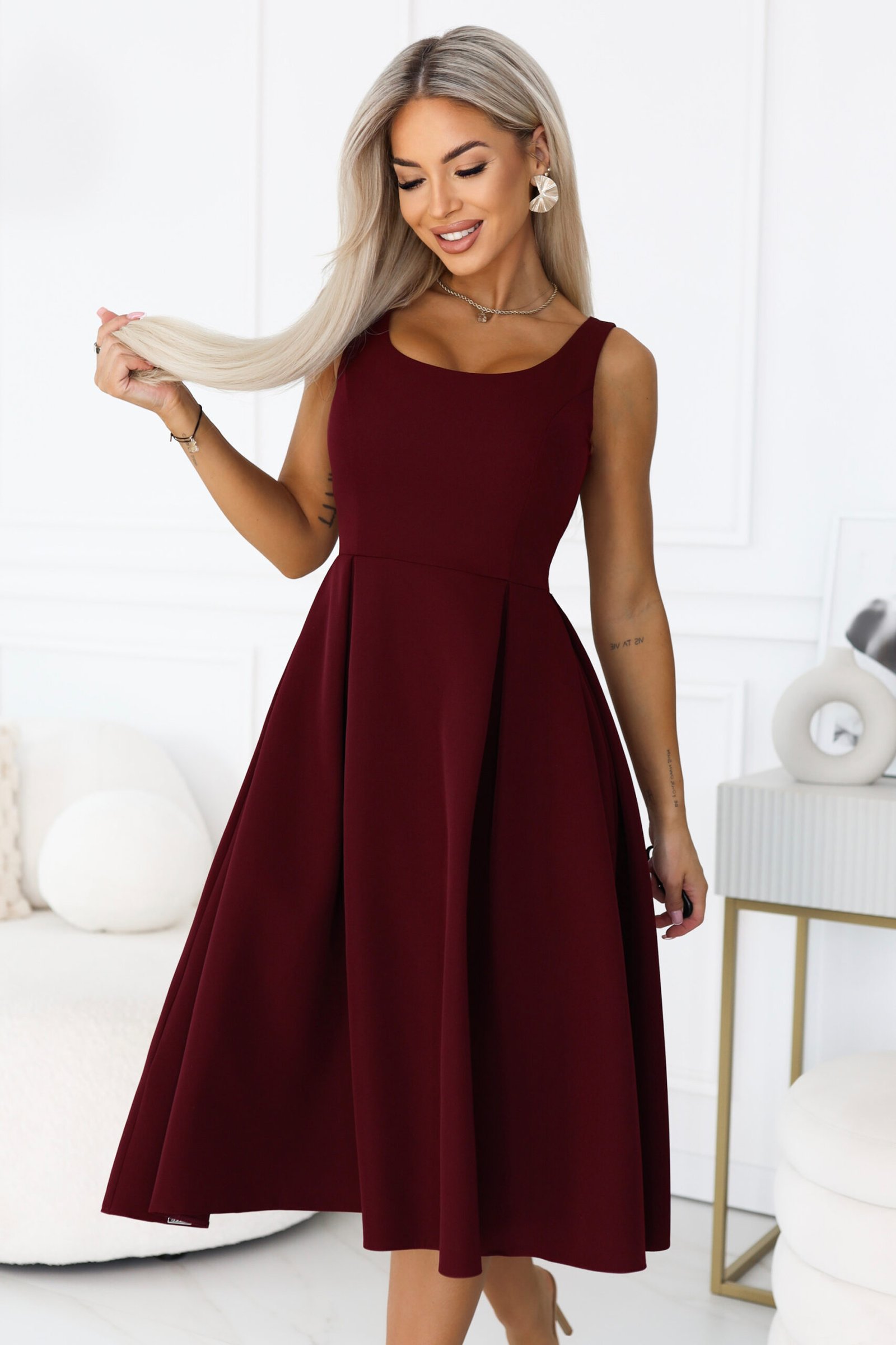695-1 ALVA Flared midi dress with wide straps - burgundy-1 695-1 ALVA Flared midi dress with wide straps - burgundy-1