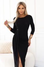 697-1 Sparkly long dress with a leg slit - black with glitter-5