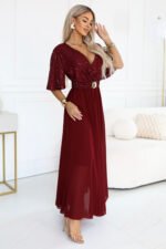 705-1 ELVIA Evening maxi dress with a sequin top and a decorative belt - burgundy-4