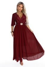 705-1 ELVIA Evening maxi dress with a sequin top and a decorative belt - burgundy-13