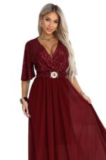 705-1 ELVIA Evening maxi dress with a sequin top and a decorative belt - burgundy-12