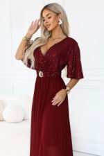 705-1 ELVIA Evening maxi dress with a sequin top and a decorative belt - burgundy-8