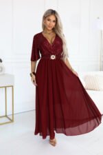 705-1 ELVIA Evening maxi dress with a sequin top and a decorative belt - burgundy-11