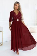 705-1 ELVIA Evening maxi dress with a sequin top and a decorative belt - burgundy-1