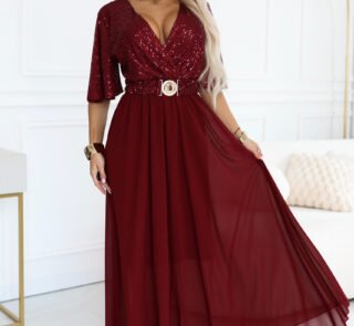 705-1 ELVIA Evening maxi dress with a sequin top and a decorative belt - burgundy-1