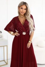 705-1 ELVIA Evening maxi dress with a sequin top and a decorative belt - burgundy-2