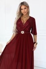 705-1 ELVIA Evening maxi dress with a sequin top and a decorative belt - burgundy-6
