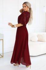 705-1 ELVIA Evening maxi dress with a sequin top and a decorative belt - burgundy-3