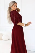 705-1 ELVIA Evening maxi dress with a sequin top and a decorative belt - burgundy-7