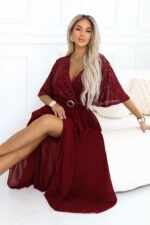 705-1 ELVIA Evening maxi dress with a sequin top and a decorative belt - burgundy-9