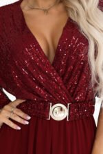705-1 ELVIA Evening maxi dress with a sequin top and a decorative belt - burgundy-10